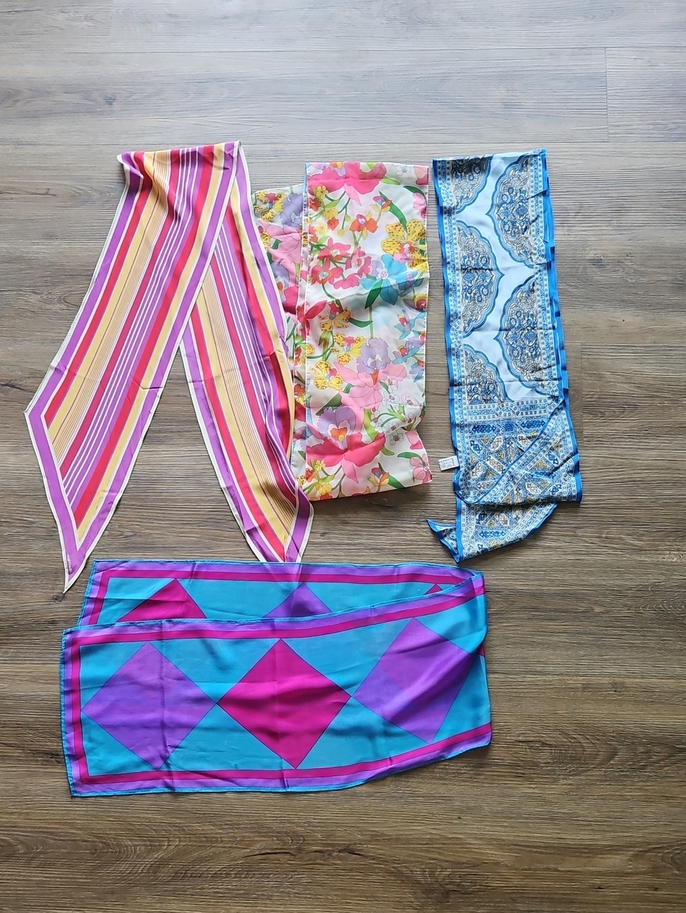 Vintage Bundle Colorful Assorted Silk Scarves - Pink, Blue, Floral